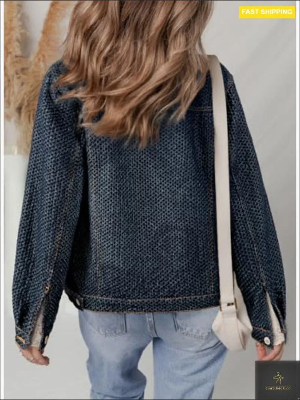 Oversized Boyfriend Denim Jacket Textured Long Sleeve Button Up Classic Chic